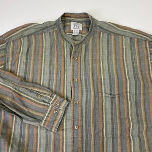 VTG Field Gear Mens XL Tall Linen Striped Button Down Shirt 90s Mandarin Collar